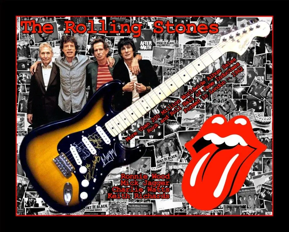 [MEM00178] The Rolling Stones - Signed Fender electric guitar, box framed on a custom matboard